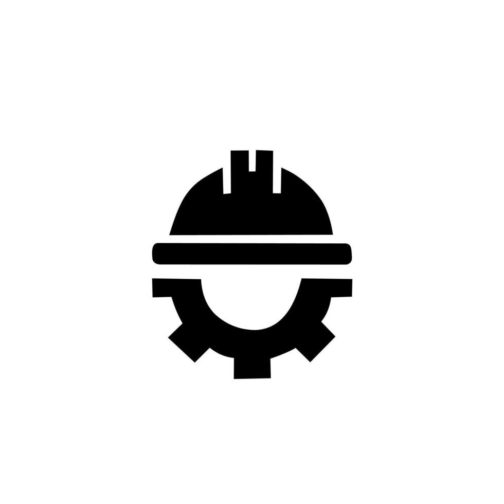 Minimalist icon of an engineer wearing a helmet combined with a gear shape, symbolizing industry, technology, construction, and mechanical engineering concepts. vector