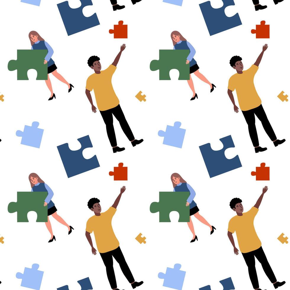 Creative team working with puzzle pieces in a vibrant collaborative environment vector