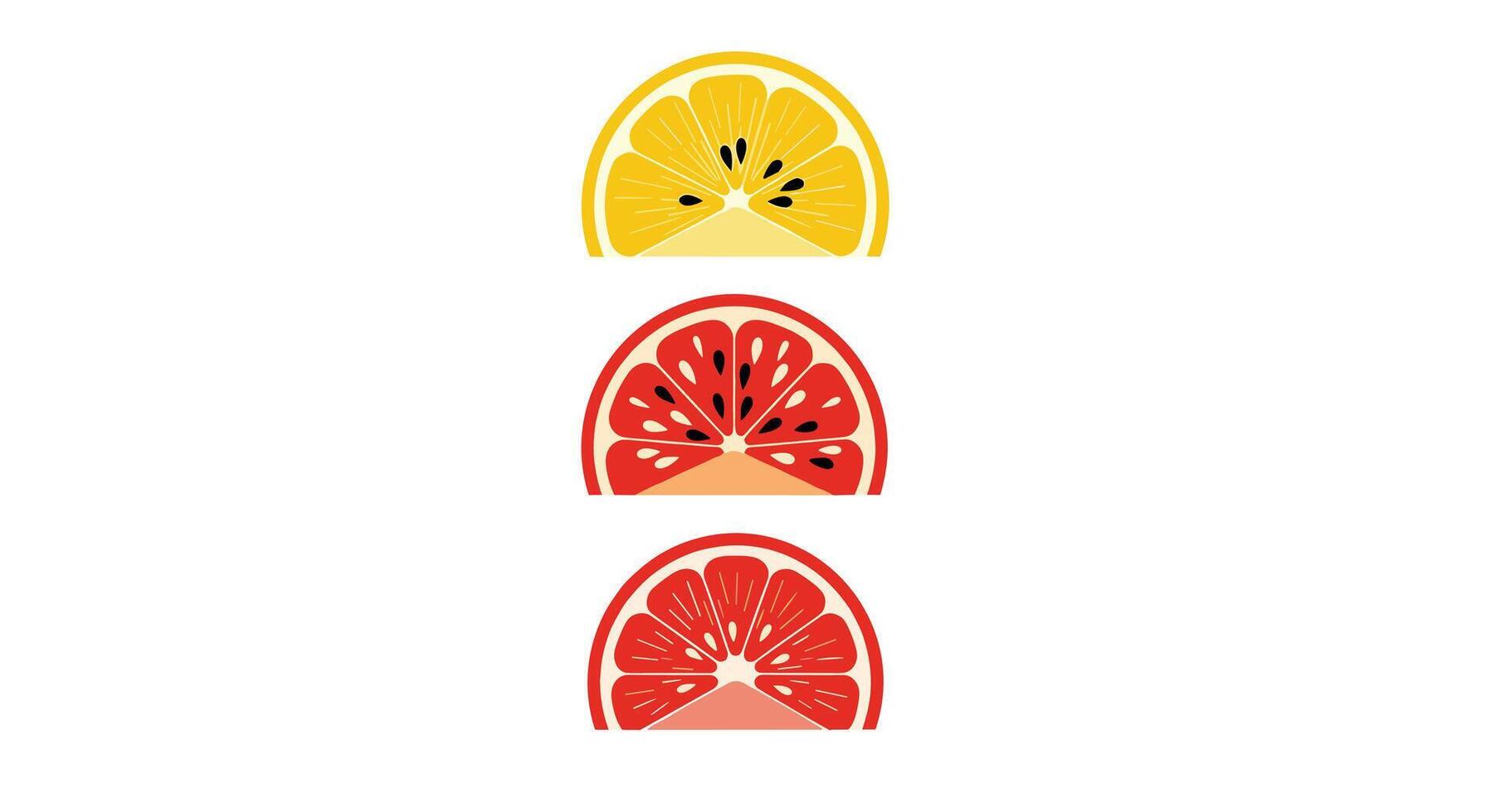 Three vibrant, stylized half-slices of different citrus fruits, including lemon and grapefruit, arranged vertically on a white background. vector