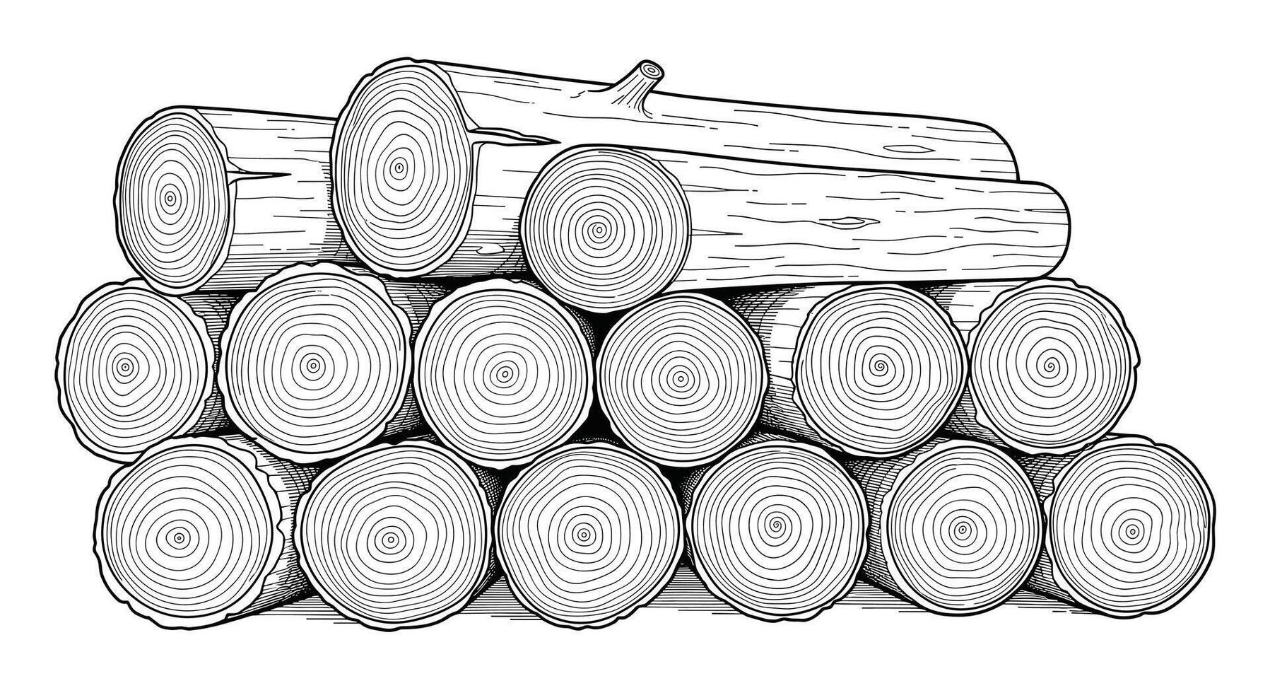 Black and white illustration of a neatly stacked pile of cut logs with visible wood grain patterns. vector