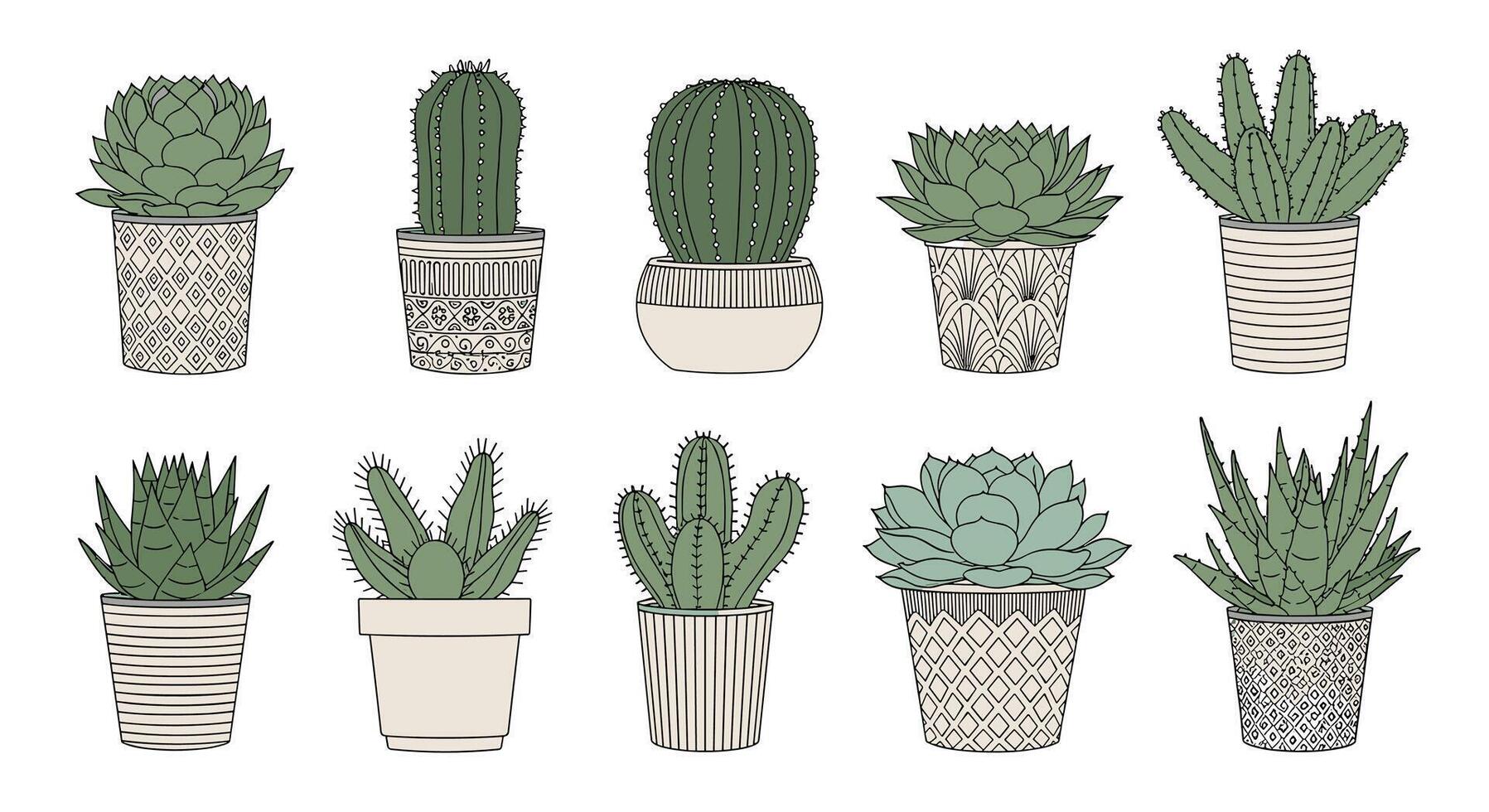 A collection of hand-drawn potted succulents and cacti with intricate patterns on neutral-colored planters, isolated on a white background. vector