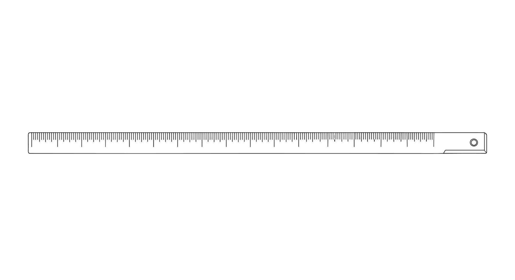 An outline illustration of a measuring ruler with clear metric markings and a hanging hole, set against a clean white background. vector