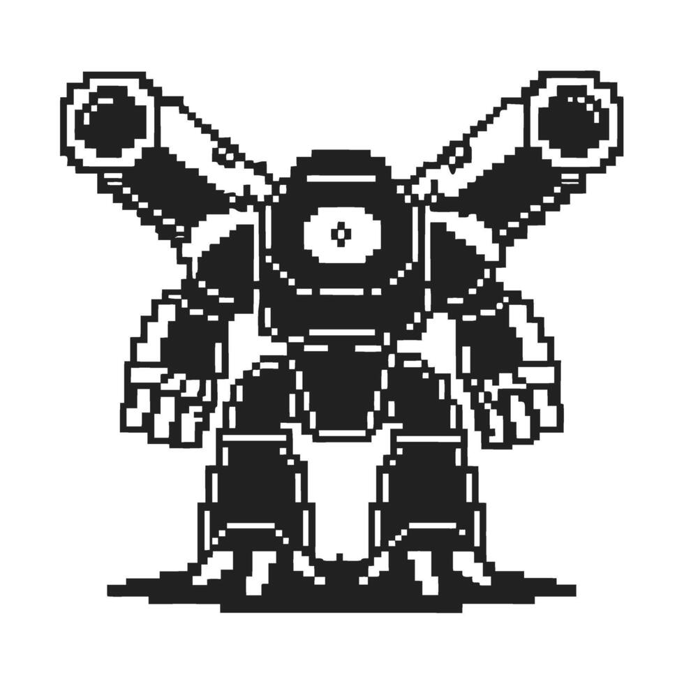 Pixel art futuristic robot with twin cannons retro mechanical character, digital cyborg machine with heavy armor design vector