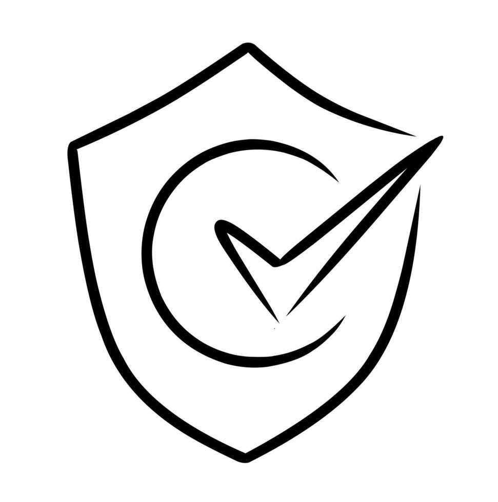 Handdrawn outline illustration of a shield with check mark inside with minimal shading for validation concept, Ideal for security, protection, and confirmation designs. vector