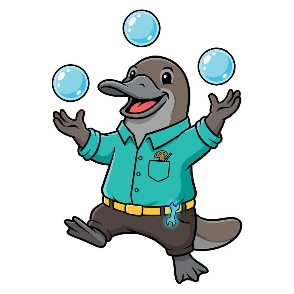 Happy Cartoon Platypus Juggling Bubbles Creative Multitasking Mascot Character with Art Tools and Wrench for Problem Solving vector