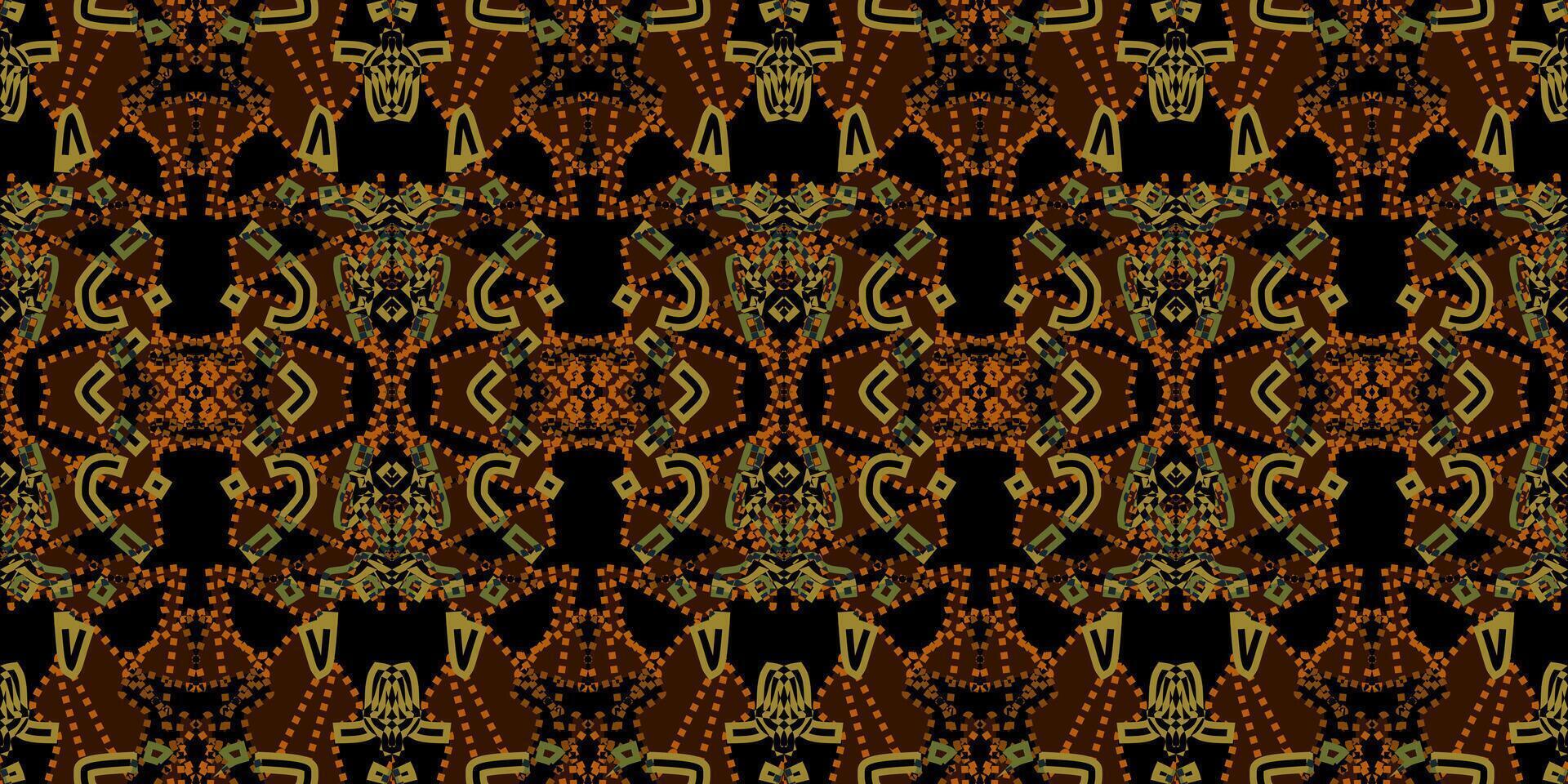 Vibrant geometric design displays an array of abstract shapes with rich colors including orange, green, and black. The pattern captures a sense of movement and creativity in its layout. vector