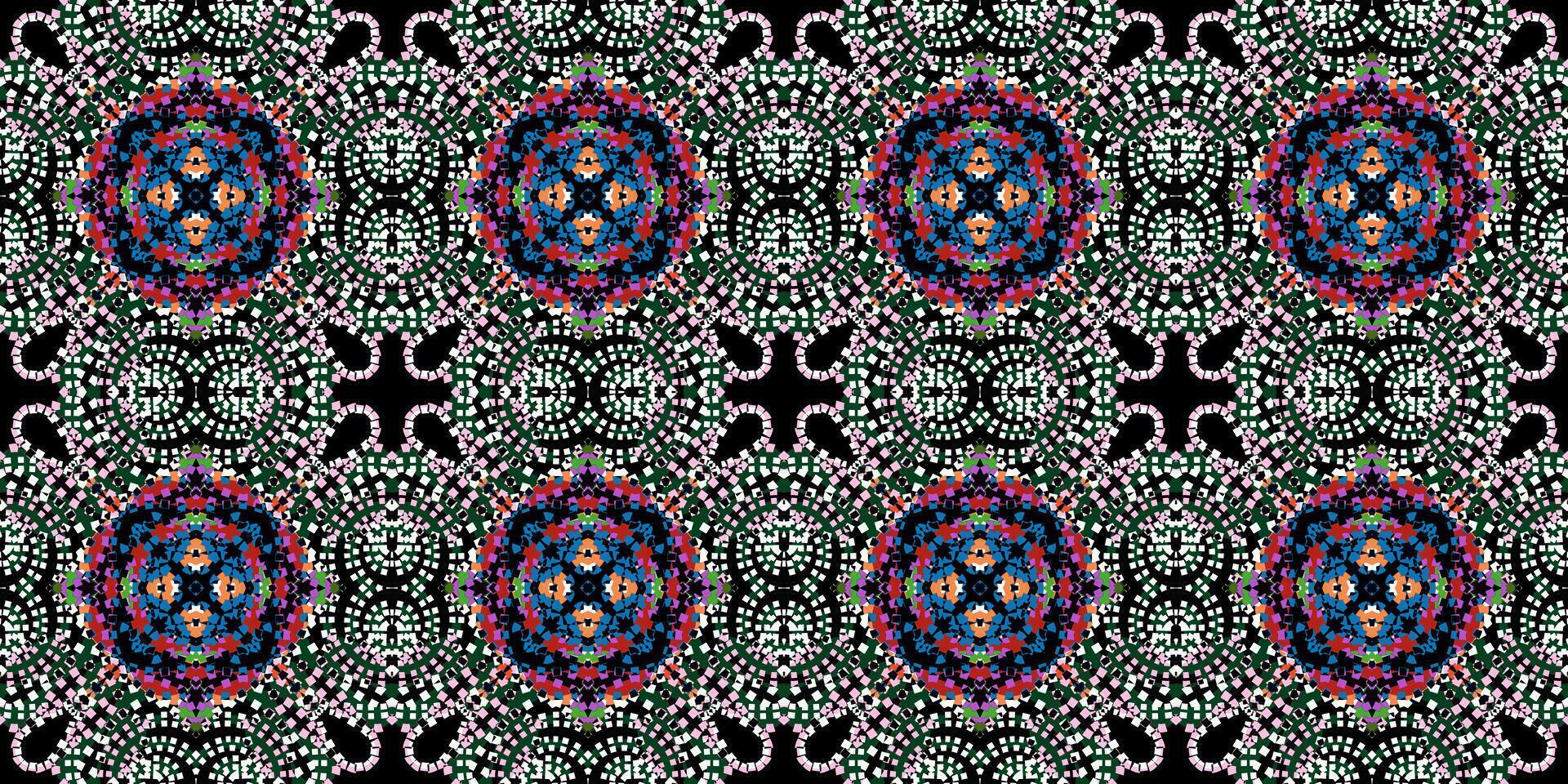 Vibrant Dotted Kaleidoscope Seamless Pattern . Ornamental Repeat Background. Decorative Abstract Digital Craft Background. Intricate Round Shape Symmetrical Pattern . vector