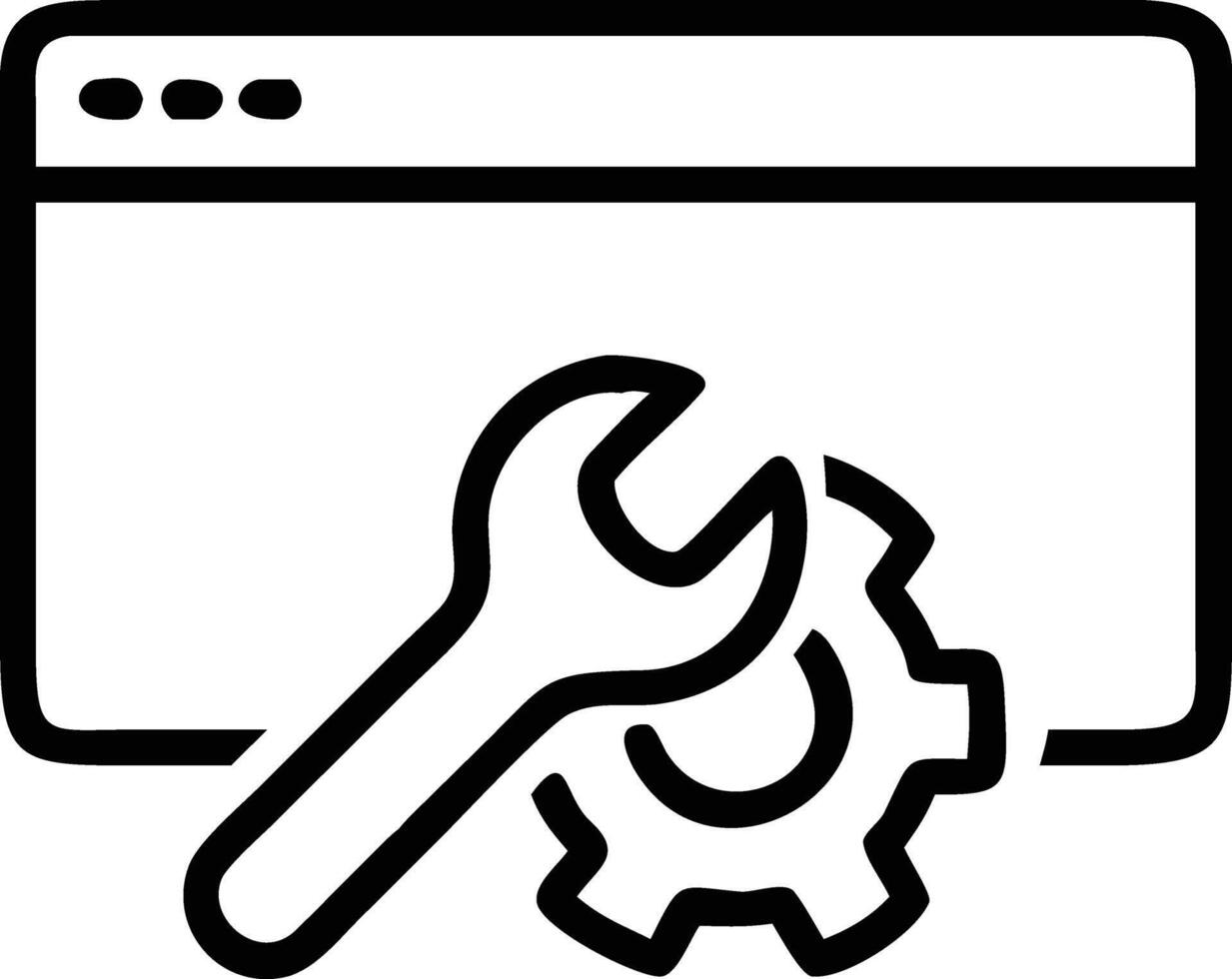 Black icon of a browser window with wrench and gear for website maintenance vector