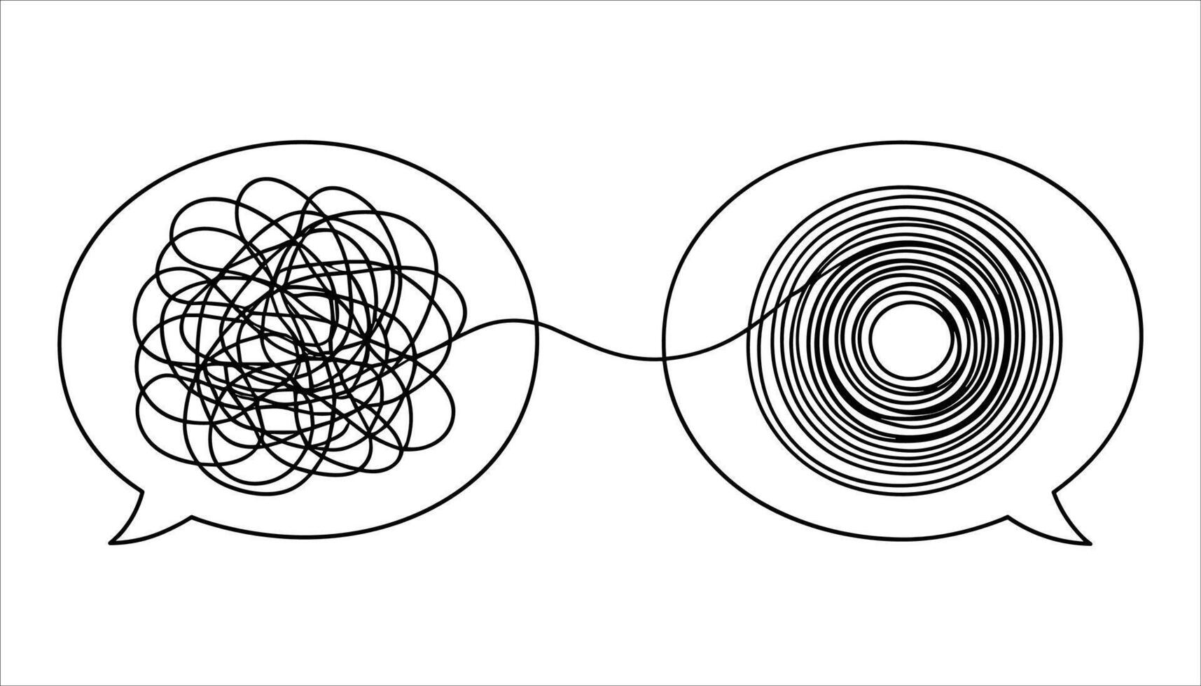 Two speech bubbles one with tangled lines the other with concentric circles connected by a line communication vector