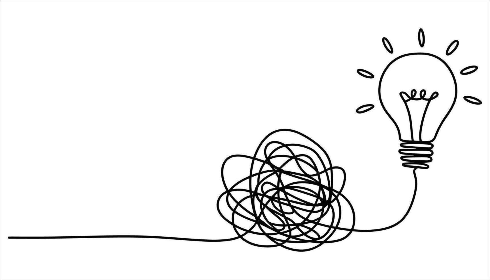 Black line drawing of a light bulb with radiating lines and a tangled thread connecting to a messy scribble on a white background vector