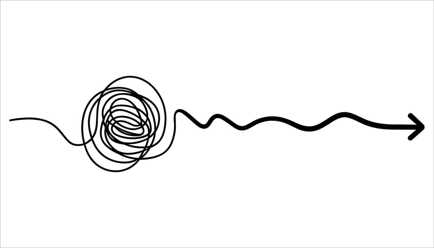Black tangled line transforming into a smooth arrow pointing right on white background messy vector