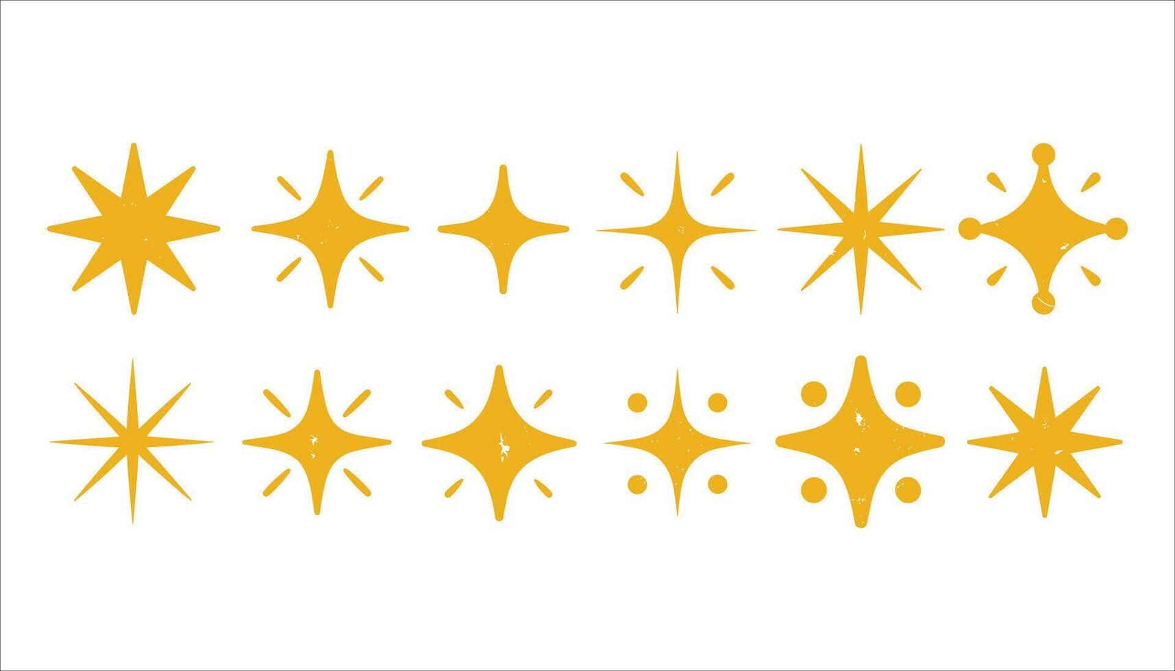Collection of twelve yellow starburst shapes with distressed texture on a white background sparkle shine vector