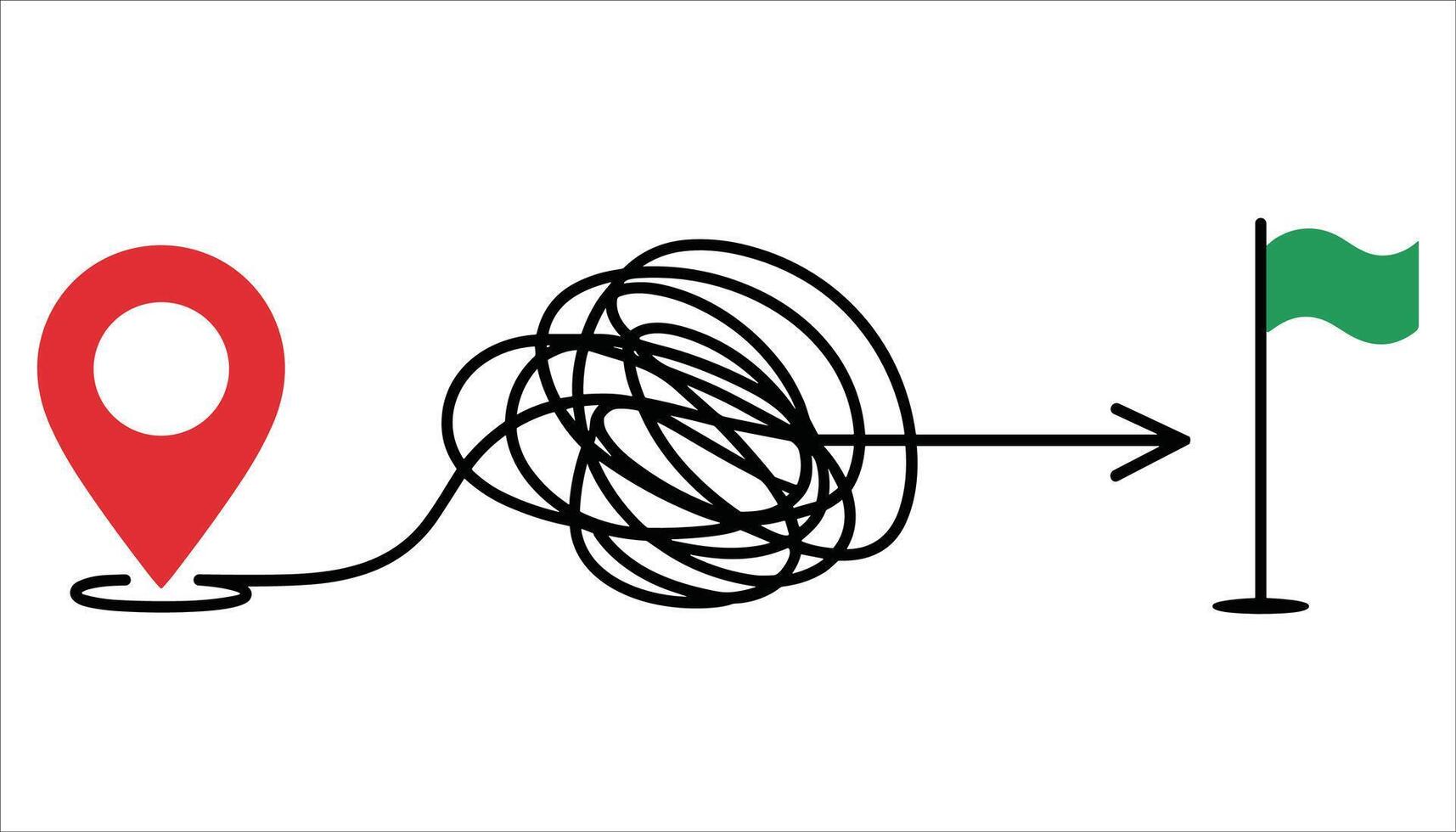 Red map pin connected by tangled black line to green flag on white background location destination vector