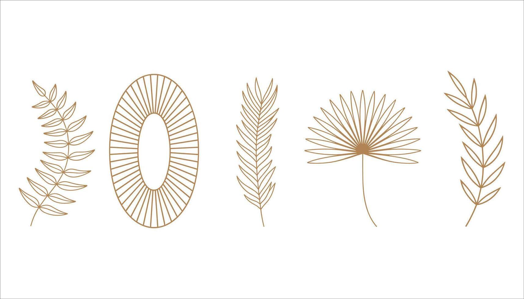 Collection of five abstract line art botanical elements in warm brown on white background vector
