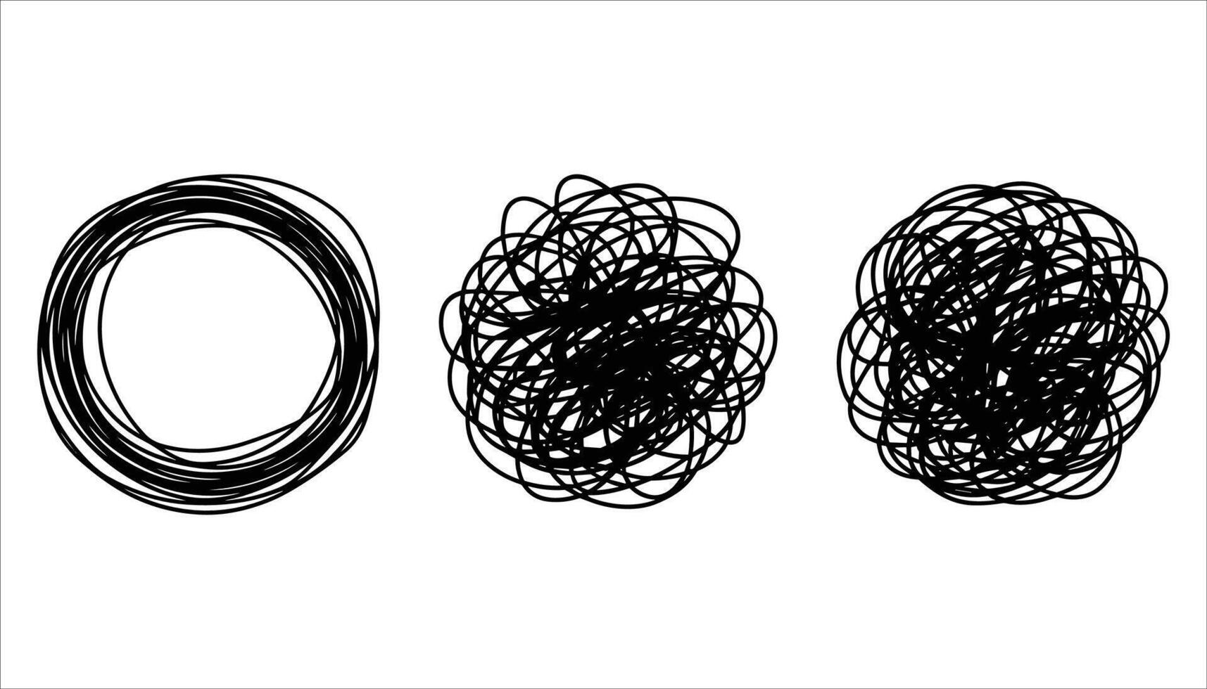 Three black scribbled circles on a white background showing increasing complexity and density abstract vector