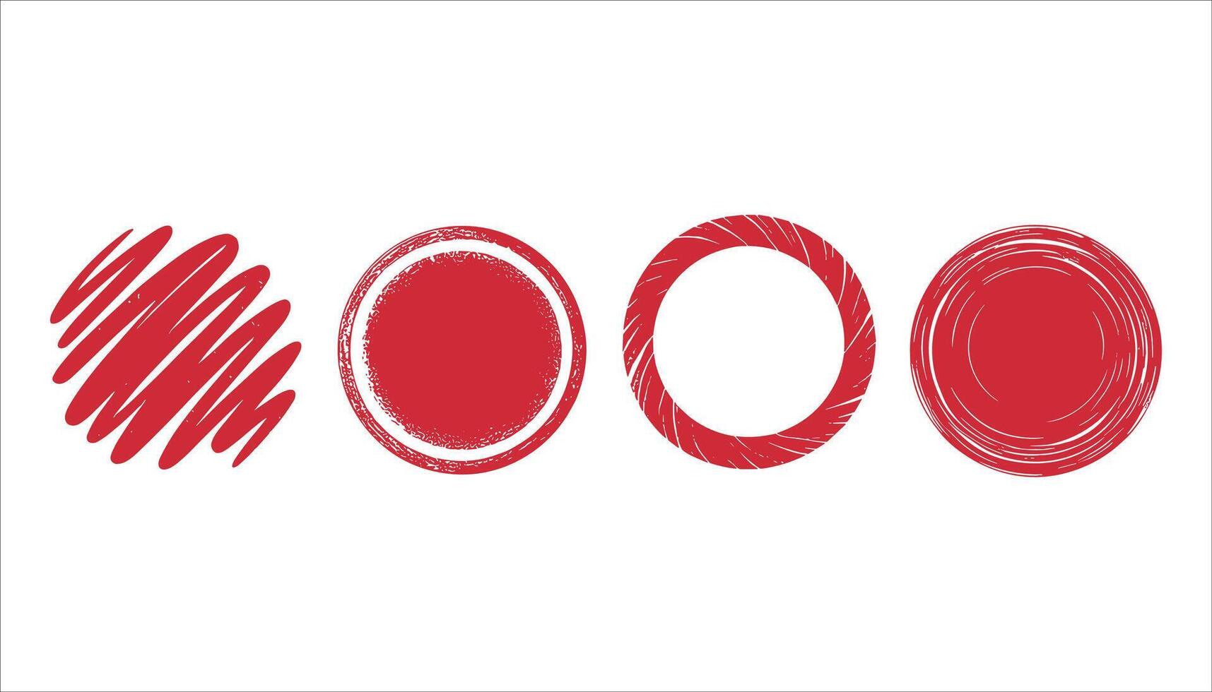Four red circular graphic elements with different textured brush stroke styles on white background circle vector