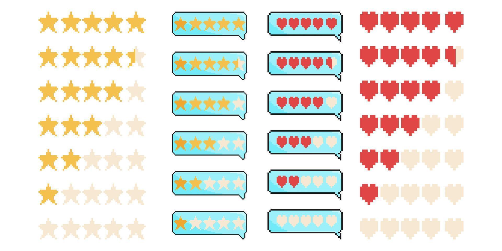 8 bit star and like rating icon set. Pixel art object. Retro 80s,90s game graphics. vector