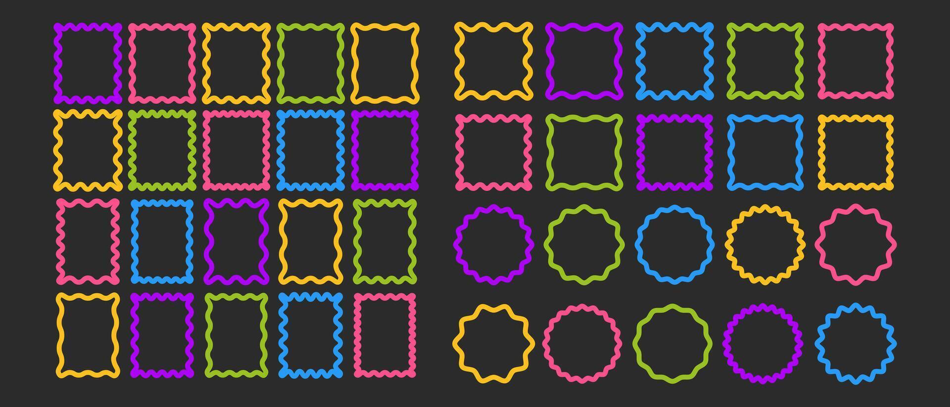 Frames with wavy edges set. Trendy curved rectangle, square, circle frame box. vector
