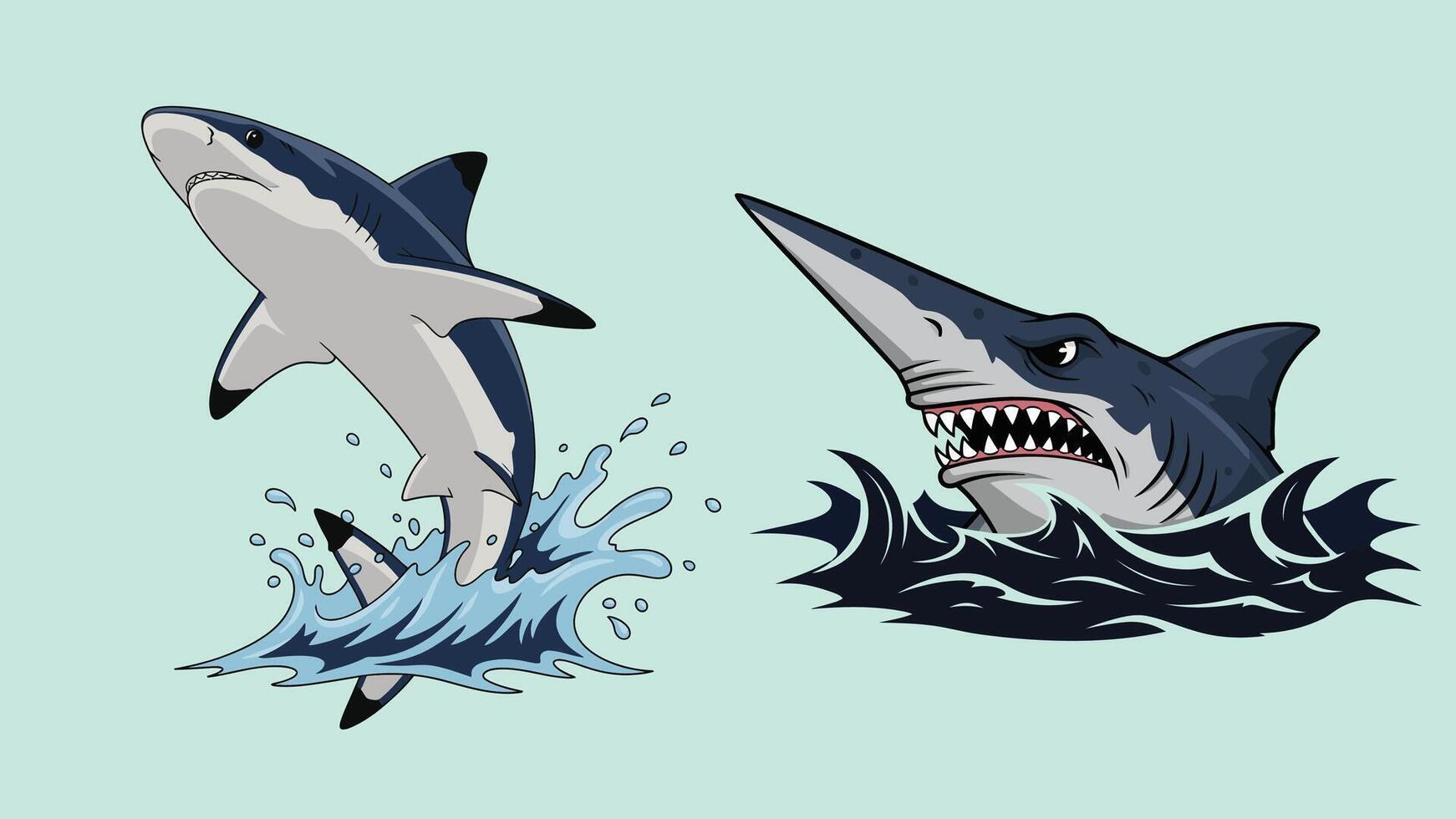 Two sharks in water with different styles and expressions bundle design vector