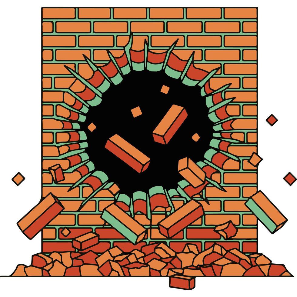 Illustration of a brick wall being broken through with bricks exploding outwards into a dark void vector