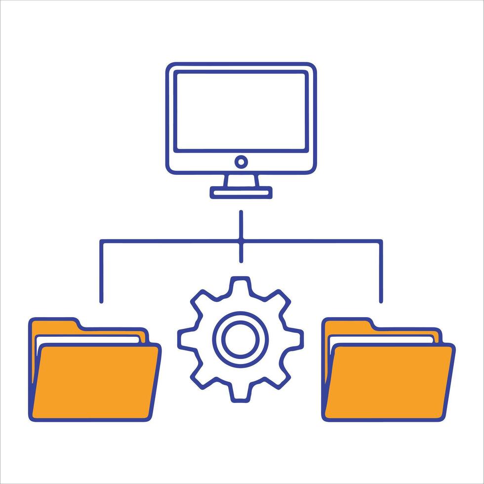 Computer screen connected to a gear and two folders representing data management and organization vector