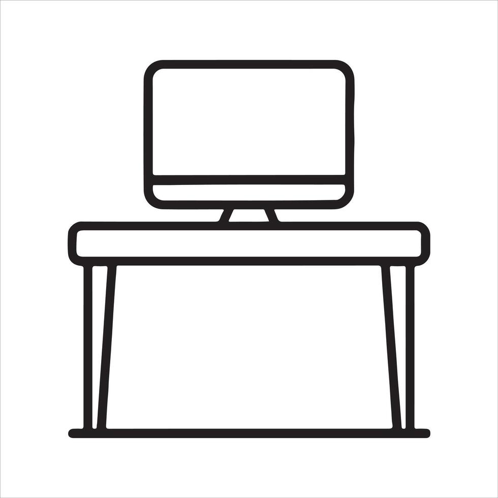 Simple desk with computer icon line art silhouette a white background vector