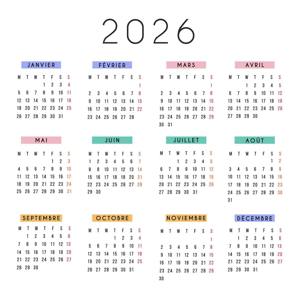 2026 French calendar in modern square design with colorful monthly headers. Minimal typography, clean layout for planning, organizing, scheduling. Printable yearly planner template in French language. vector
