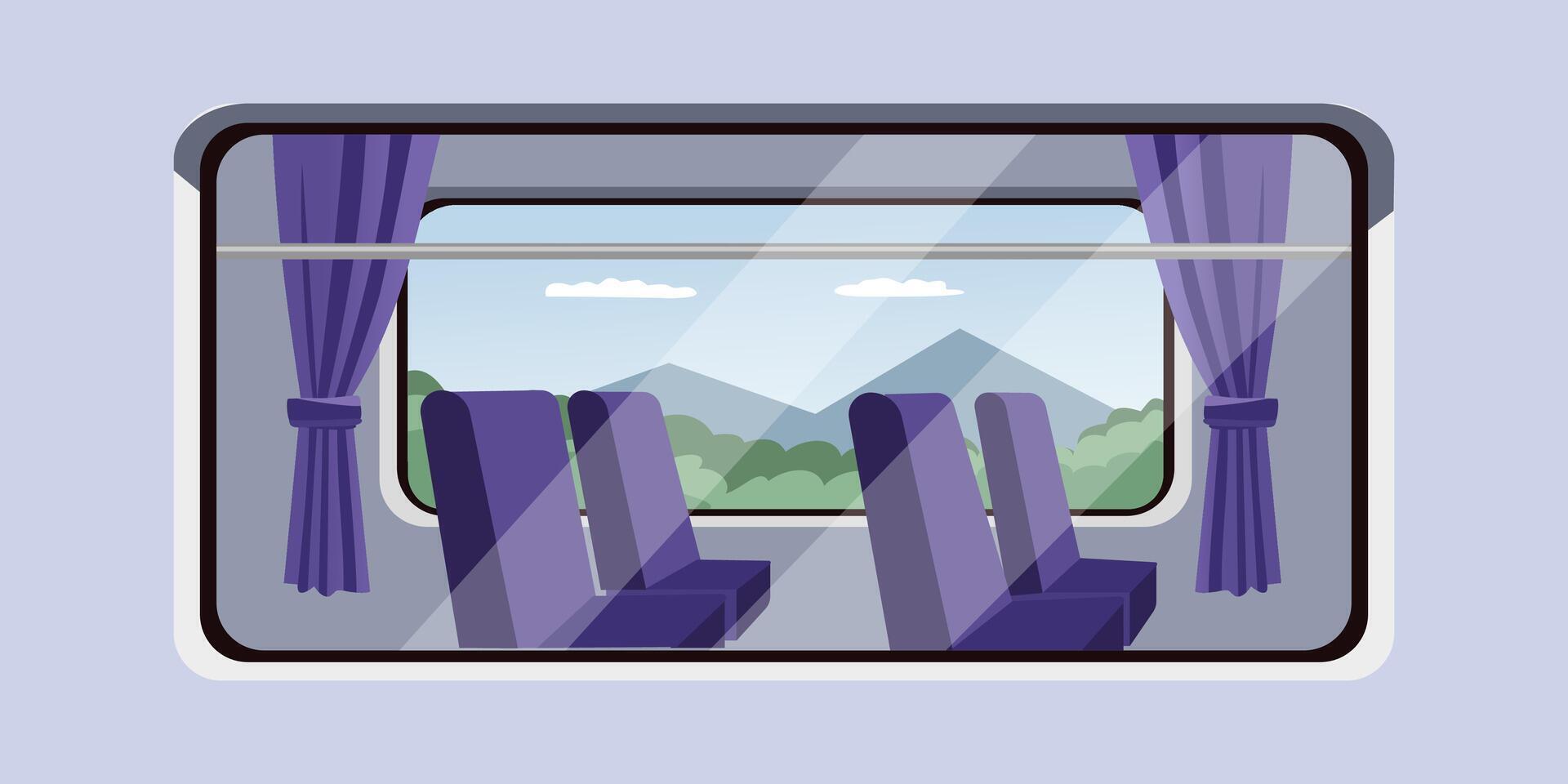 Train Window View with Mountain Landscape and Empty Seats. Passenger Train Exterior with Windows. Outside View of Railway Car Windows vector
