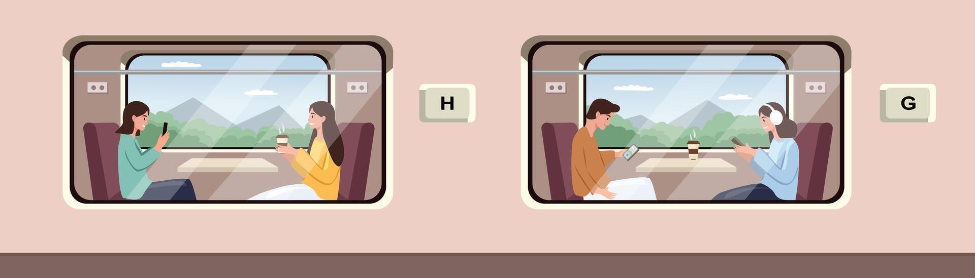 Two passengers on a train looking outside vector