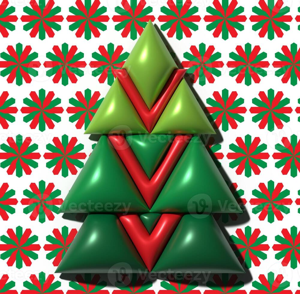 Abstract 3D image of a Christmas tree made of glossy green and red geometric shapes on a patterned background. 3D rendering illustration photo