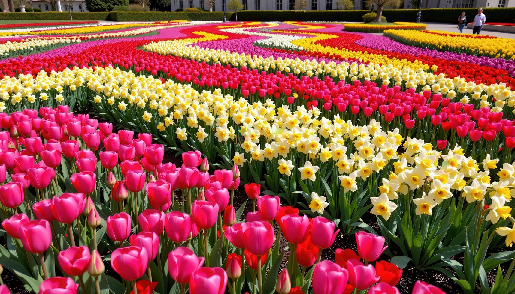 A large botanical display of tulips and daffodils arranged in symmetrical patterns, viewed under a clear blue spring sky, no life forms visible. photo