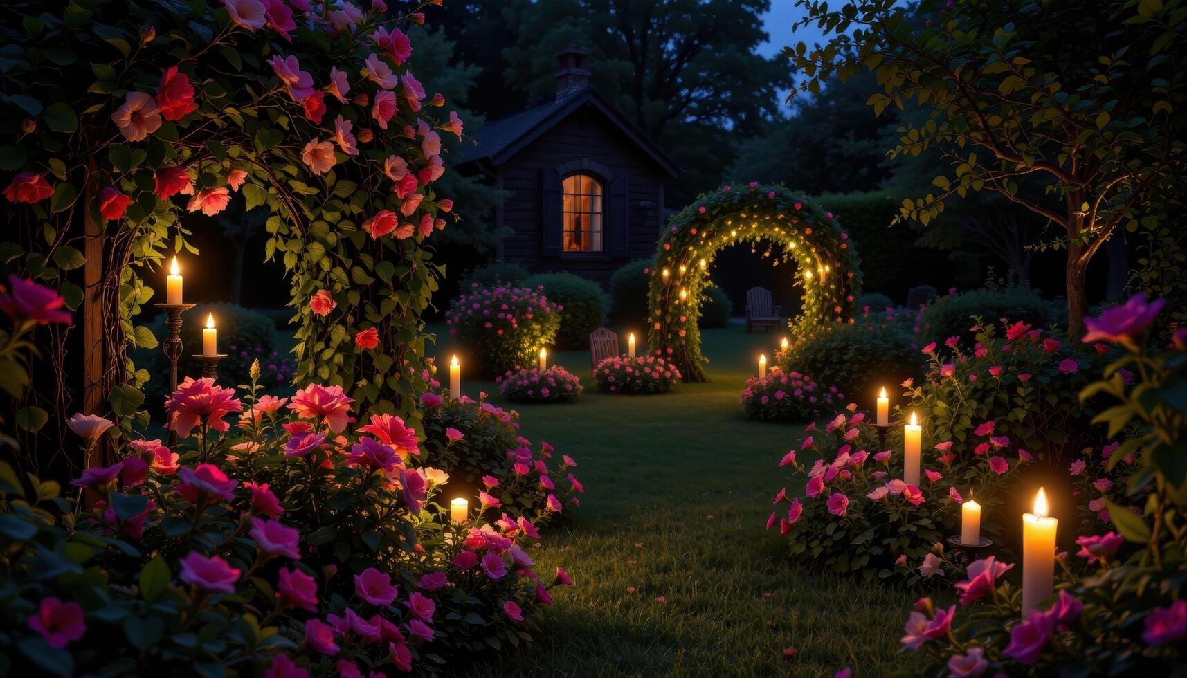 A peaceful garden illuminated entirely by candlelight, with soft shadows playing across flowering bushes and vines, no living beings. photo