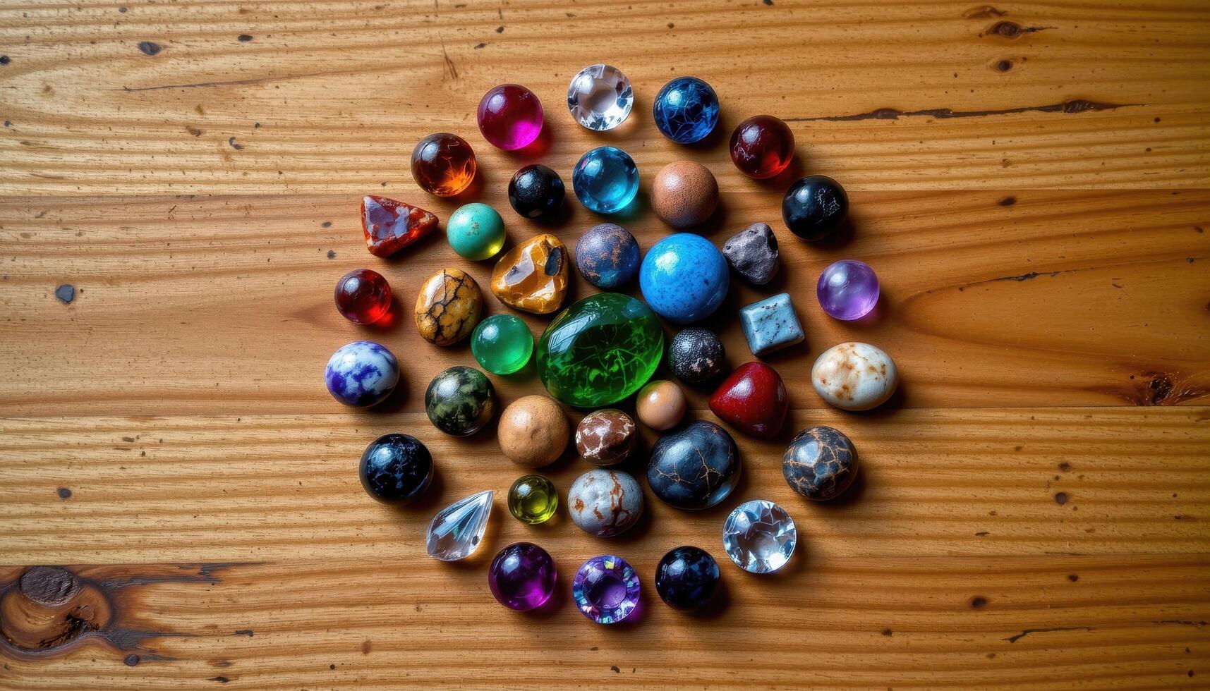 A top down view of assorted gemstones arranged in concentric circles on a wooden table, highlighting symmetry, color, and texture, no living beings. photo