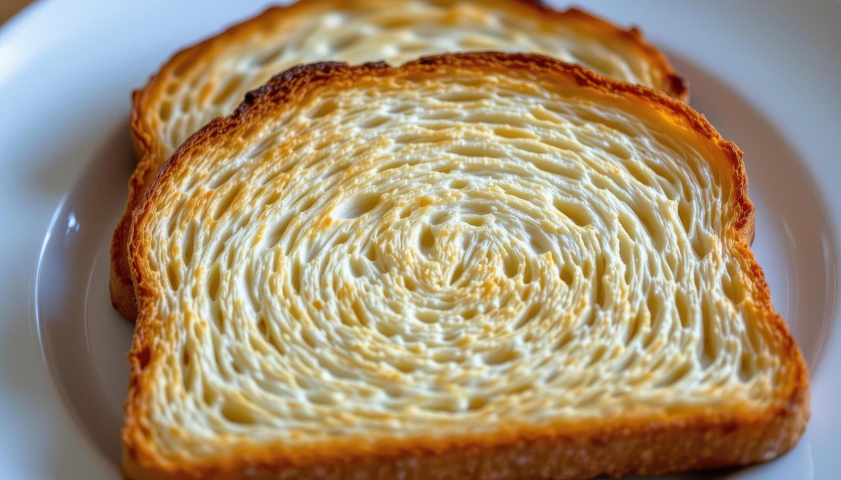 A close up view of crispy toast with visible texture and golden edges placed neatly on a white ceramic plate. photo