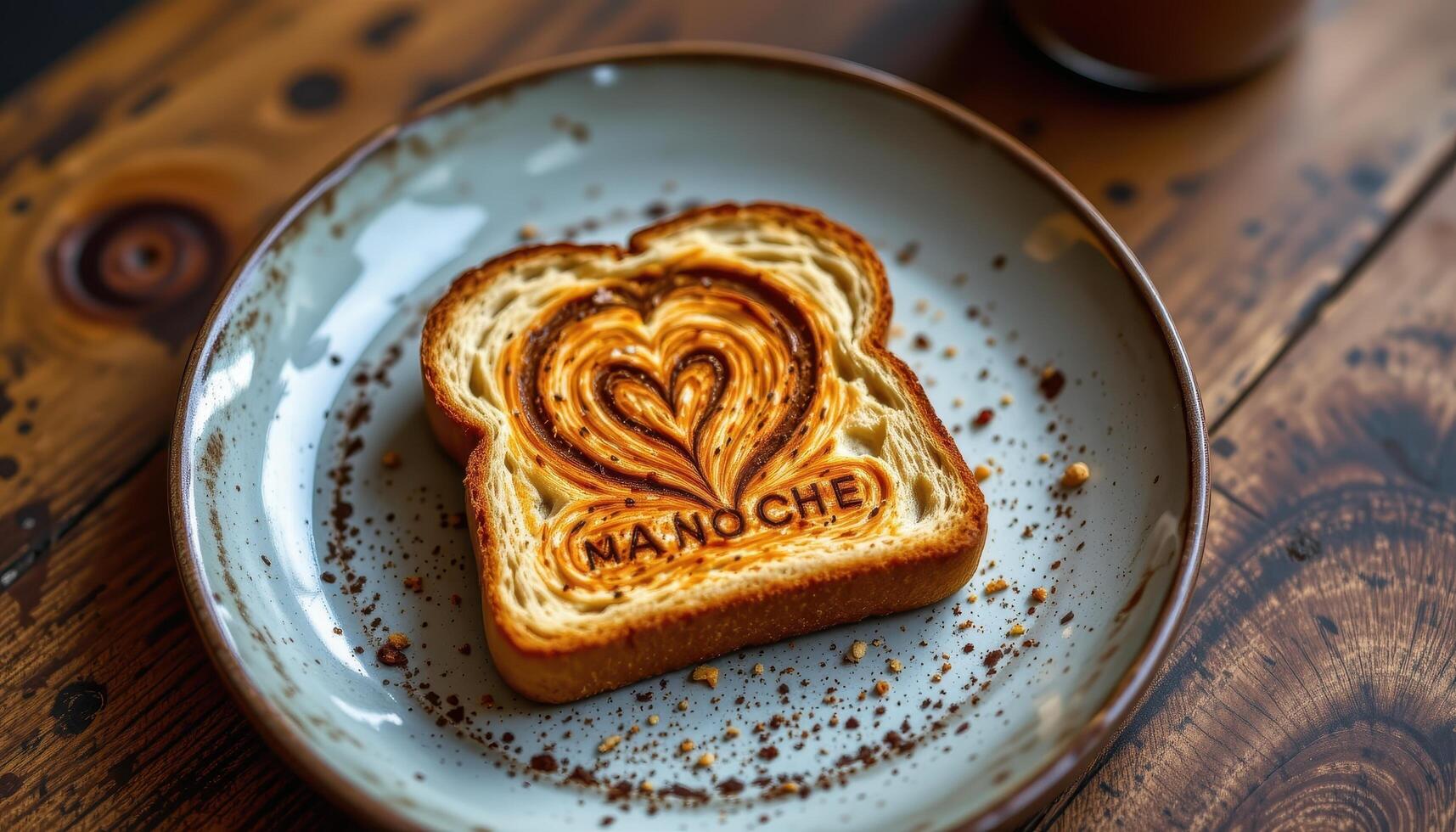 Toast resting on a rustic plate surrounded by artistic crumb patterns. photo