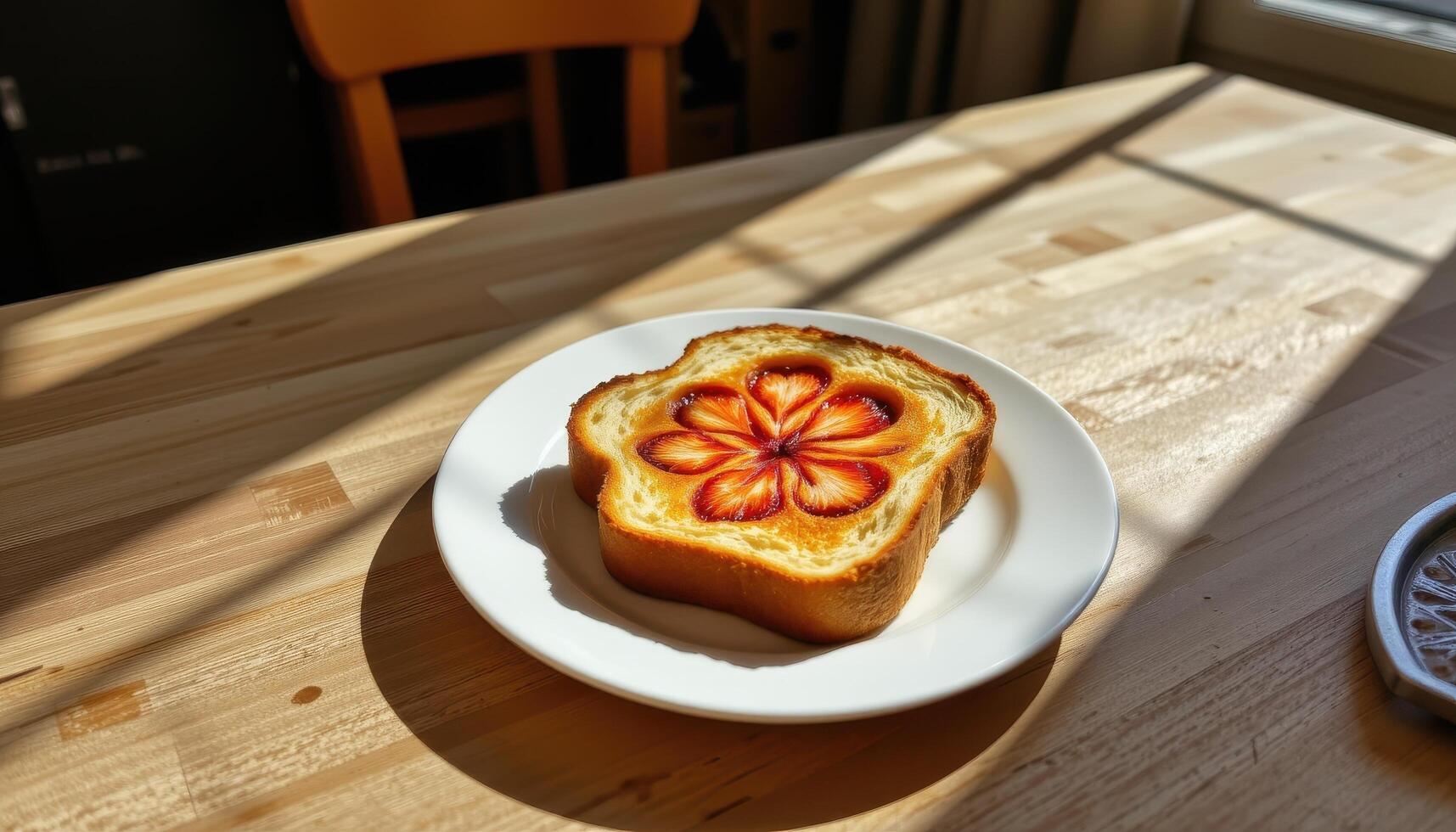 Toast sitting under direct sunlight creating soft shadow patterns on the table. photo