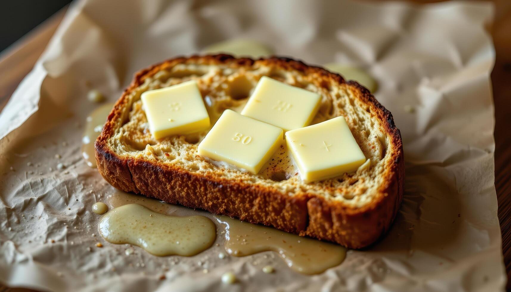 Toast with melted butter forming abstract patterns on the surface. photo