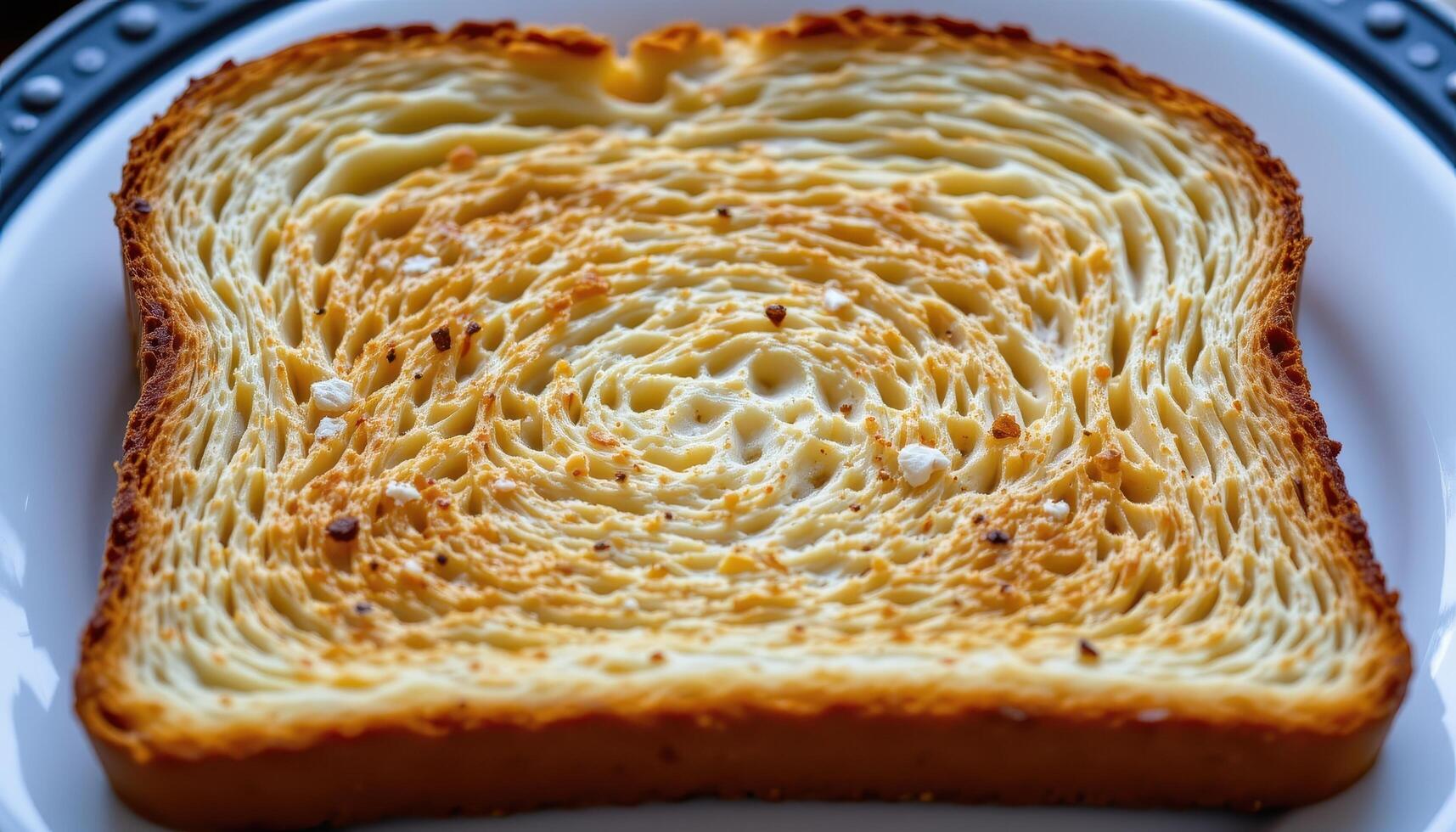 A close up of toast showing uneven browning and tiny crisp air pockets. photo