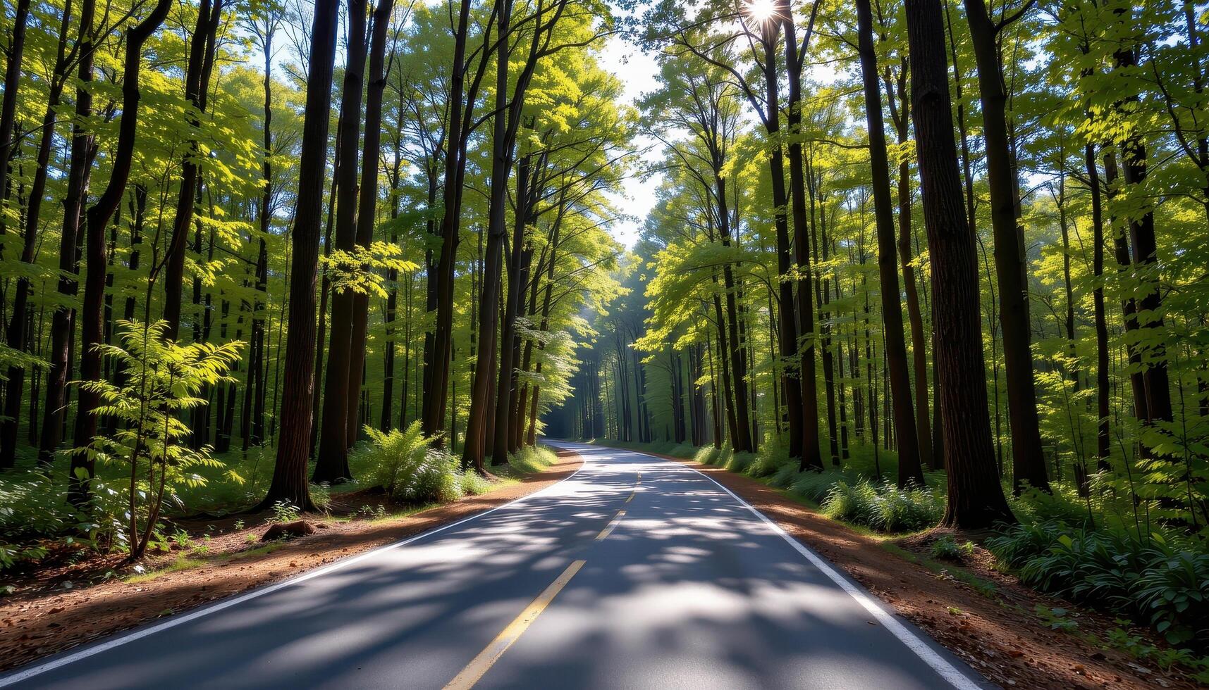 The paved road winds through a forest of towering trees, with sunlight dappling the leaves and creating shifting patterns on the asphalt. photo