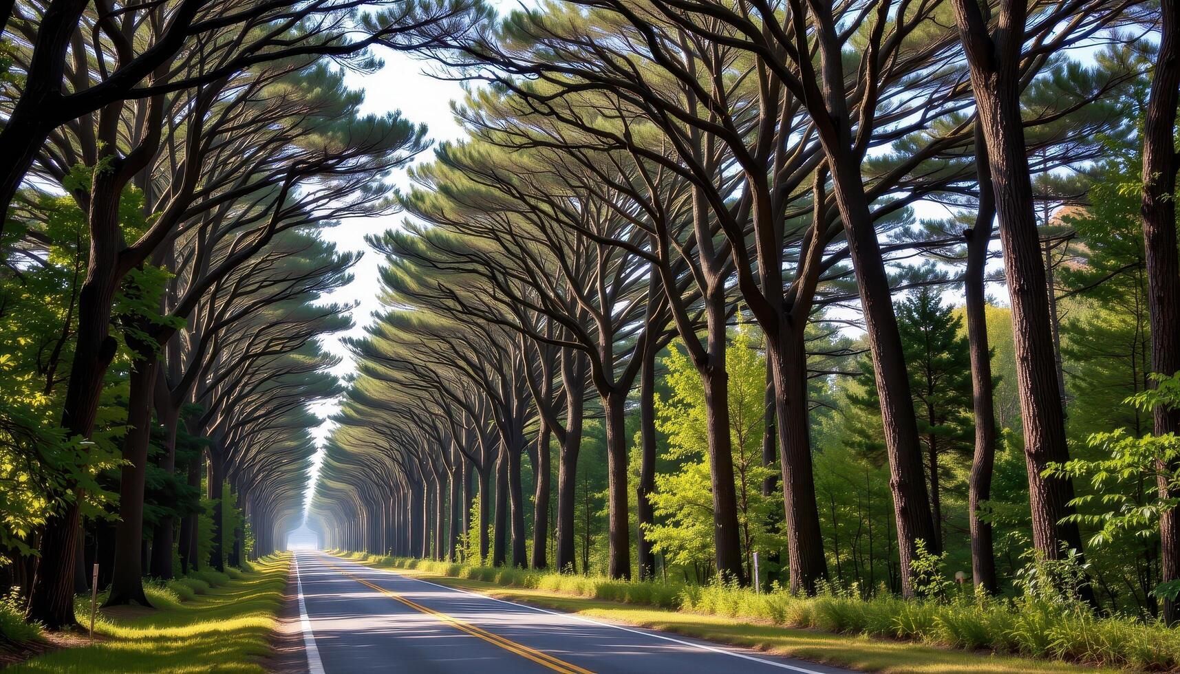 The paved road stretches through a forest where towering trees line both sides, their branches reaching out to form an almost continuous roof of greenery. photo