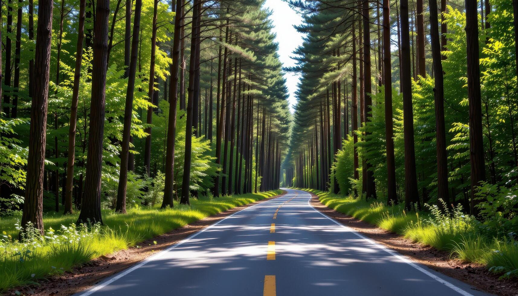 The paved road cuts through a lush woodland, with the tall, straight trunks of the trees creating a rhythmic pattern along the edges of the road. photo