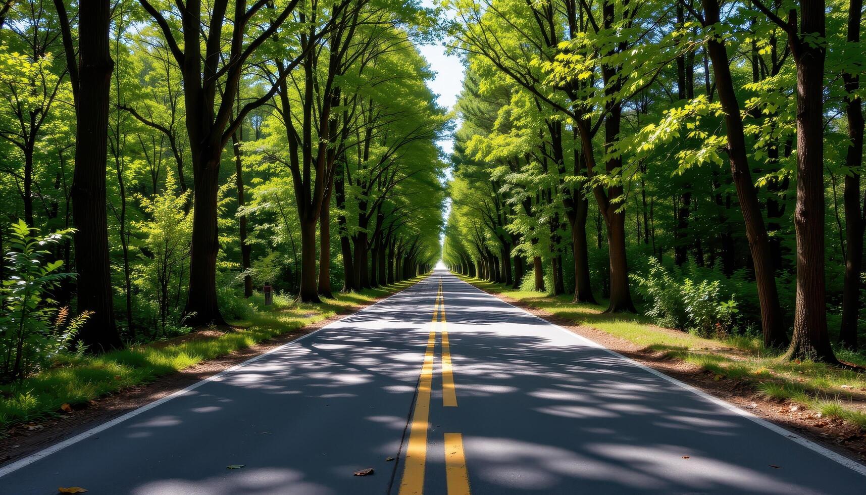 The paved road stretches through a forest of tall, leafy trees, with shadows creating intricate patterns across the asphalt. photo