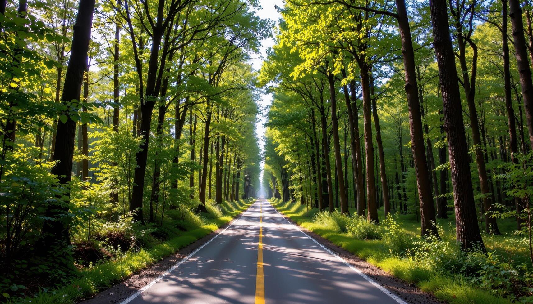 The paved road runs through a lush forest of towering trees, with sunlight filtering through and casting warm highlights on the road. photo