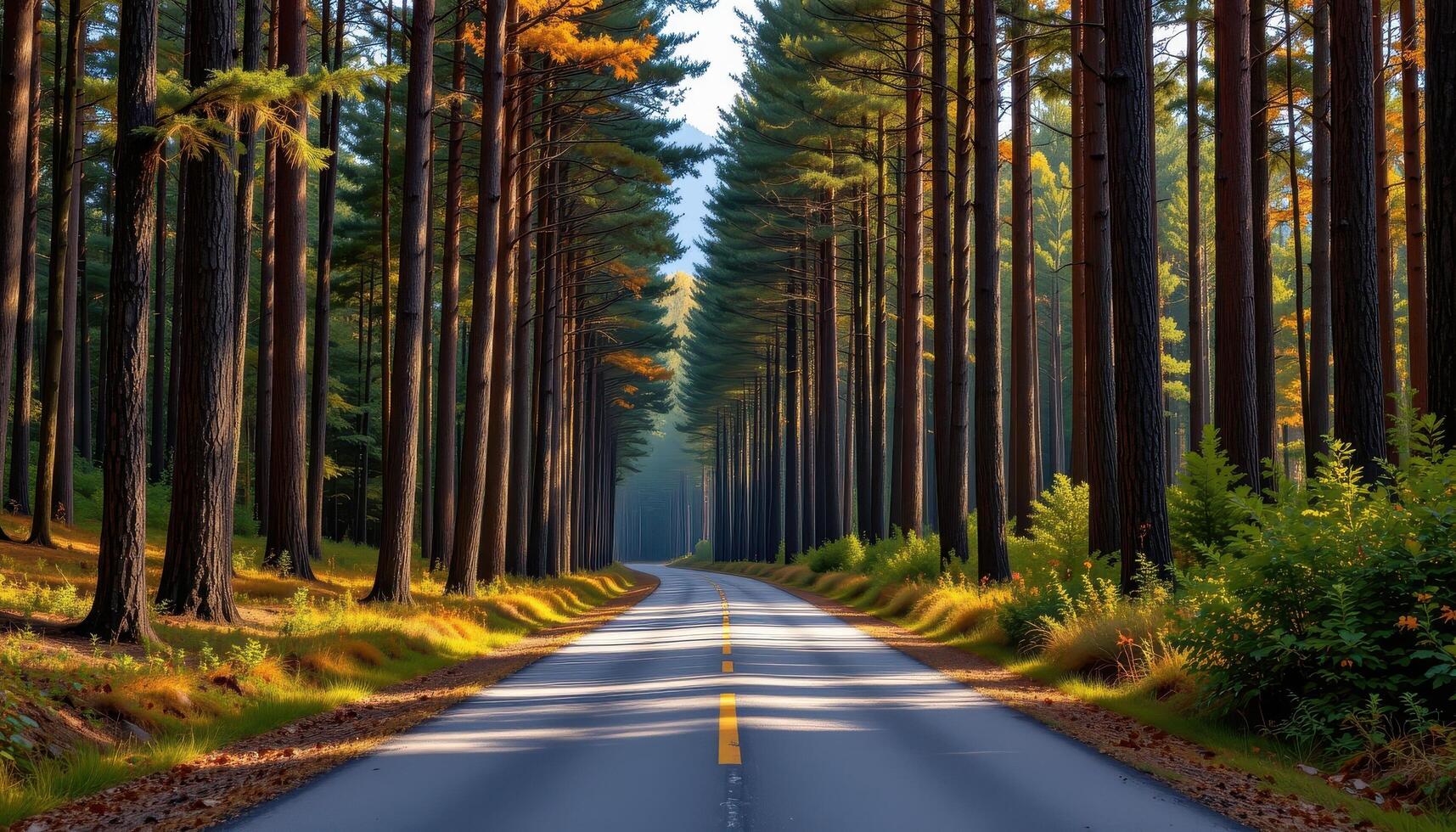 The paved road winds gently through a forest where towering trees create a rhythmic pattern along the road. photo
