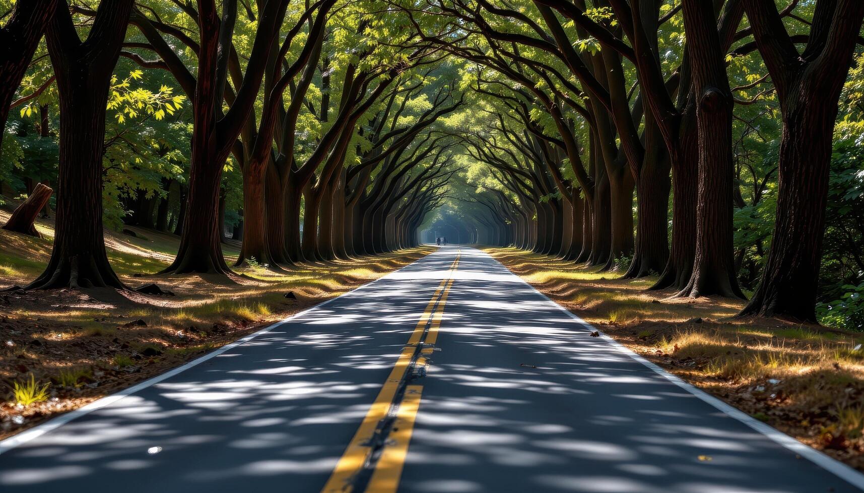 The paved road winds gently through a forest of ancient trees, with shadows creating intricate patterns on the smooth asphalt. photo