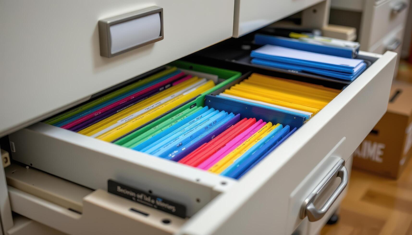 Open filing cabinet drawers display organized documents, with color coded sections and labeled tabs for clarity. photo