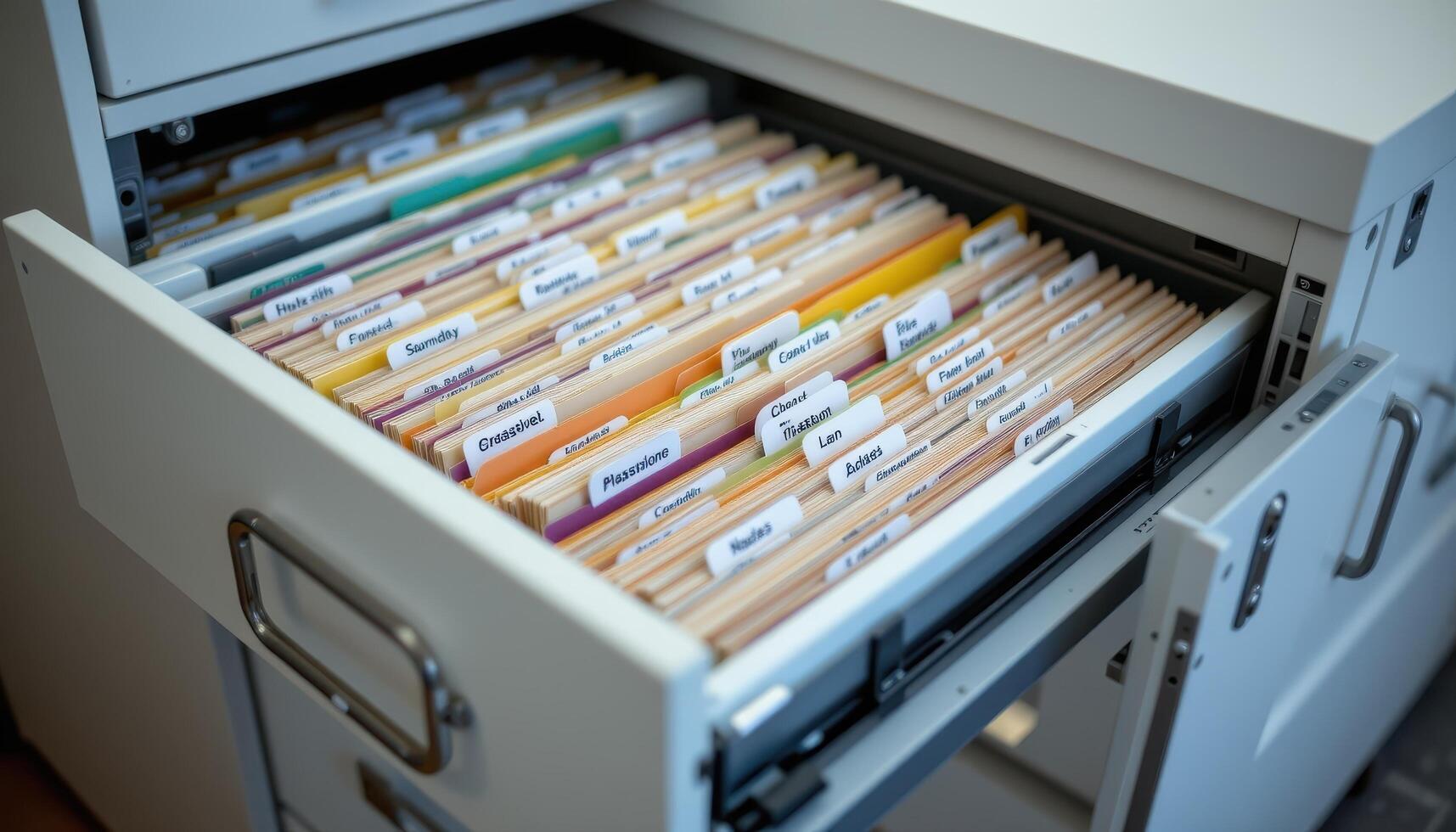 Open filing cabinet drawers display files sorted by type and category, with labeled folders maintaining a clean appearance. photo