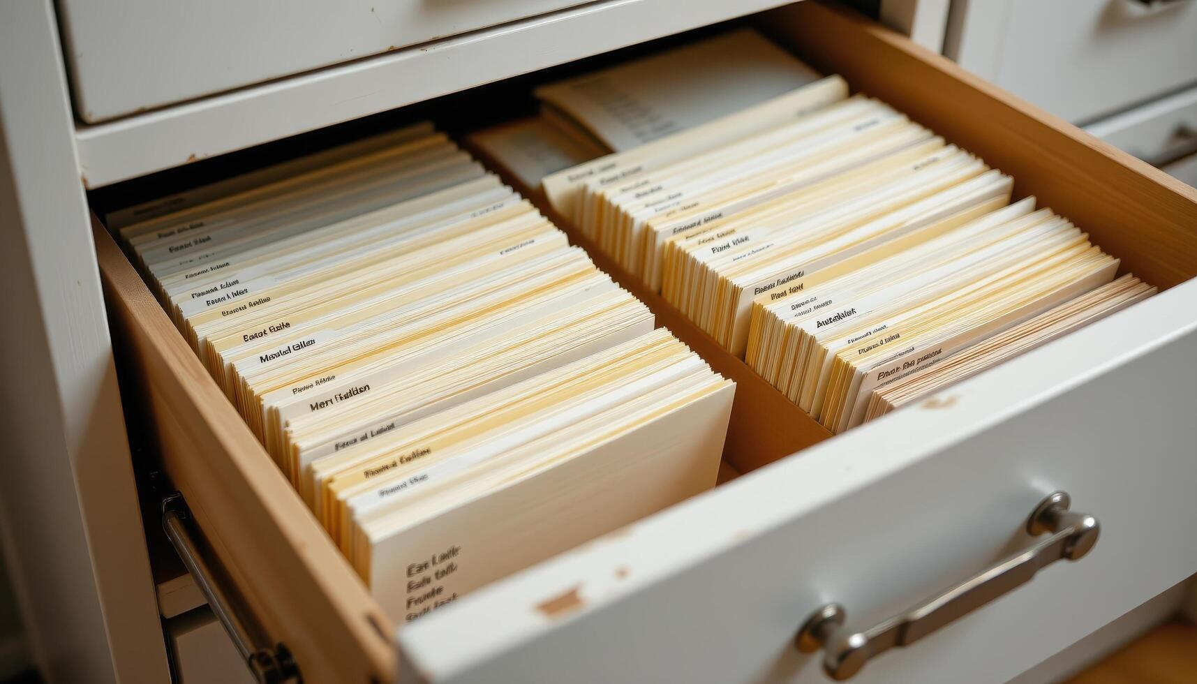 Open filing cabinet drawers contain papers stacked in orderly rows, with folders aligned and labeled clearly. photo