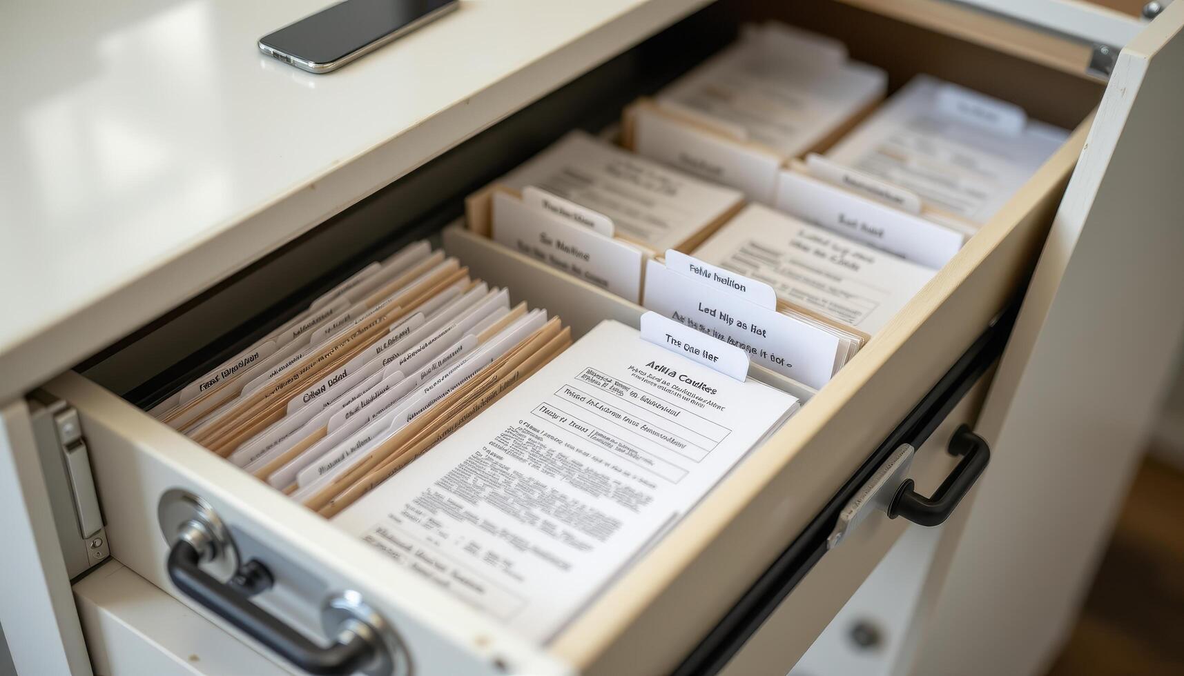 Open filing cabinet drawers reveal neatly sorted documents, with labels, tabs, and dividers creating a precise filing system. photo