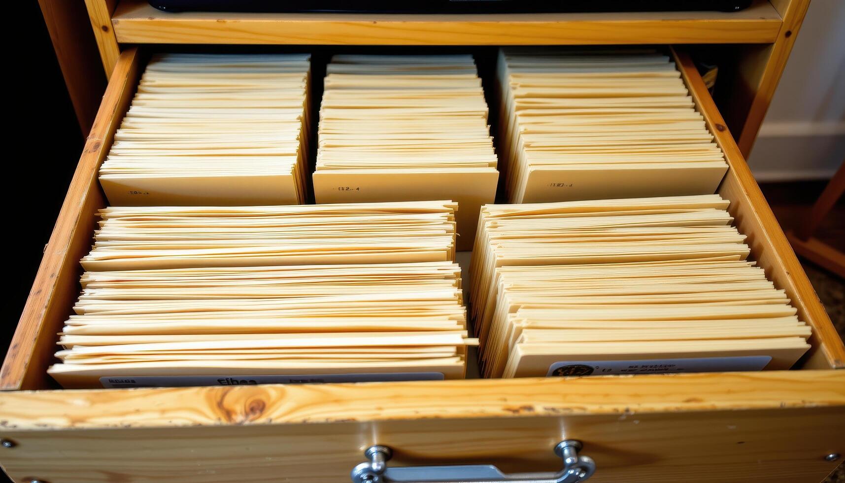 Open filing cabinet drawers hold papers stacked evenly, each folder carefully positioned and labeled for optimal efficiency. photo
